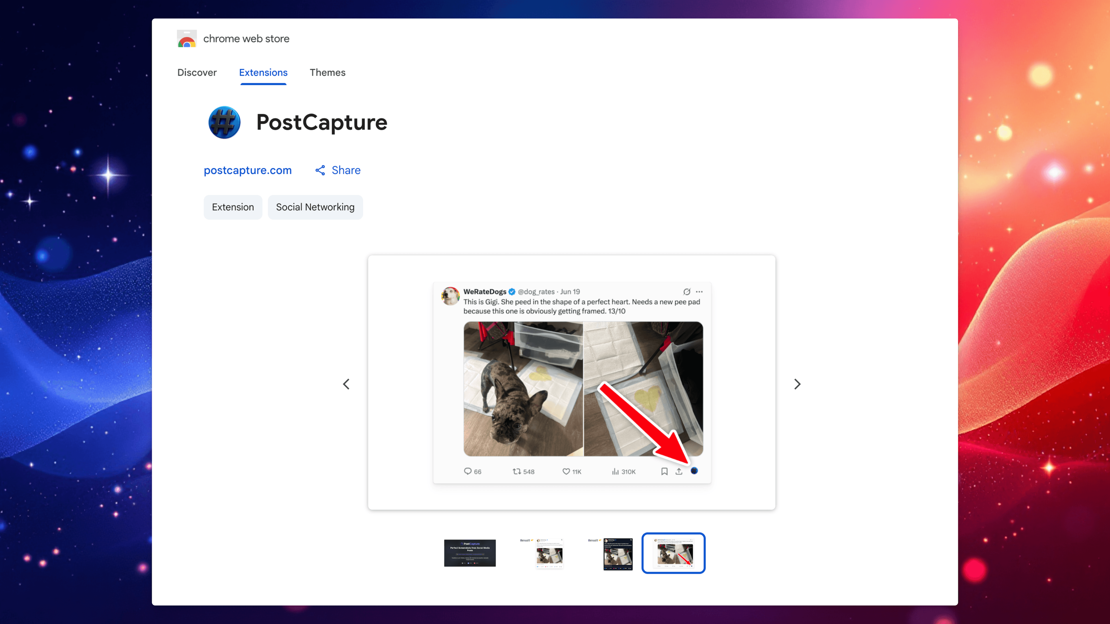 PostCapture Chrome Extension in Chrome Web Store showing professional tweet screenshot functionality