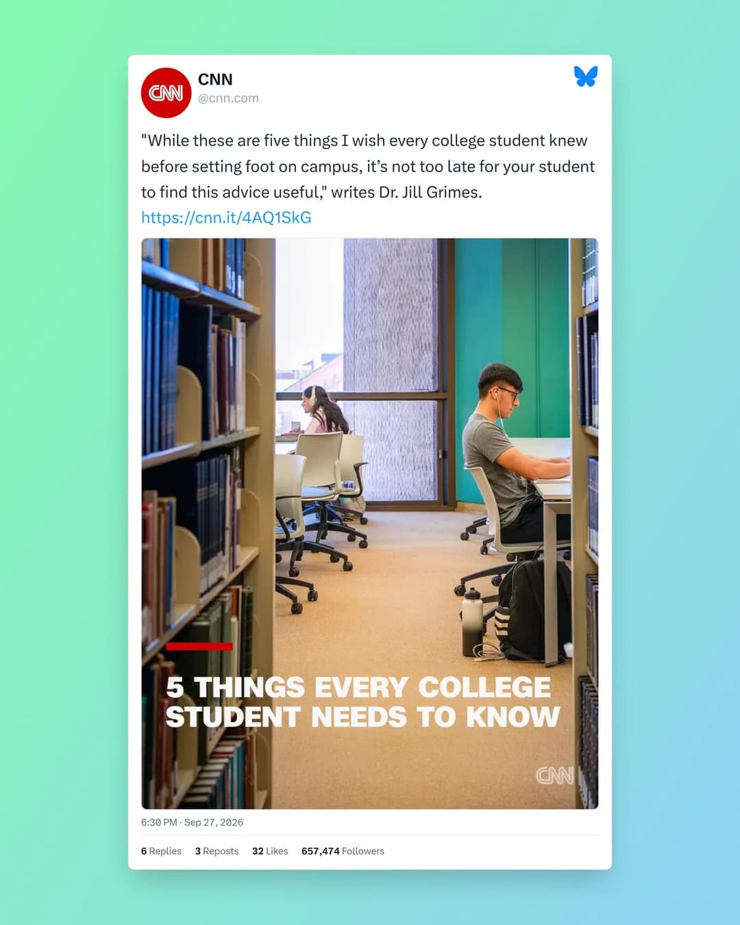 CNN Bluesky post on five things every college student should know, with its photo and stats, in the Seafoam template