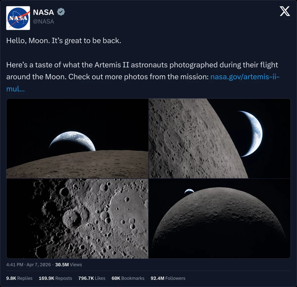 Dark-theme PostCapture export of NASA's Hello, Moon post with four Artemis II photos, returned by the MCP connector
