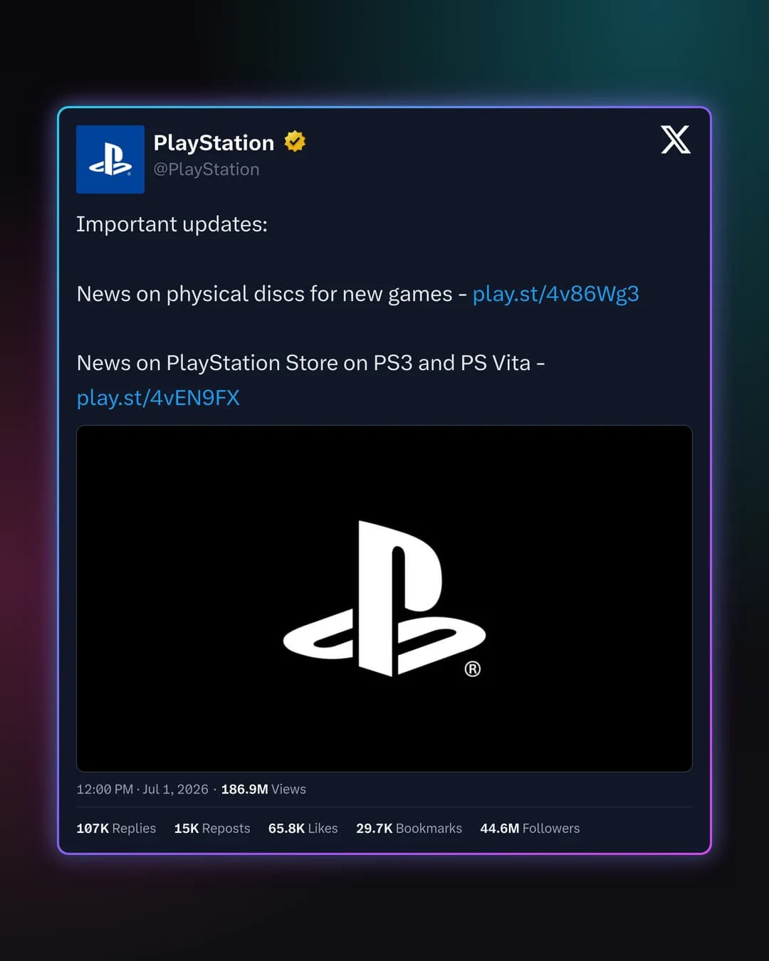 PlayStation announcement post with its logo image and 186.9M views, in the Neon template