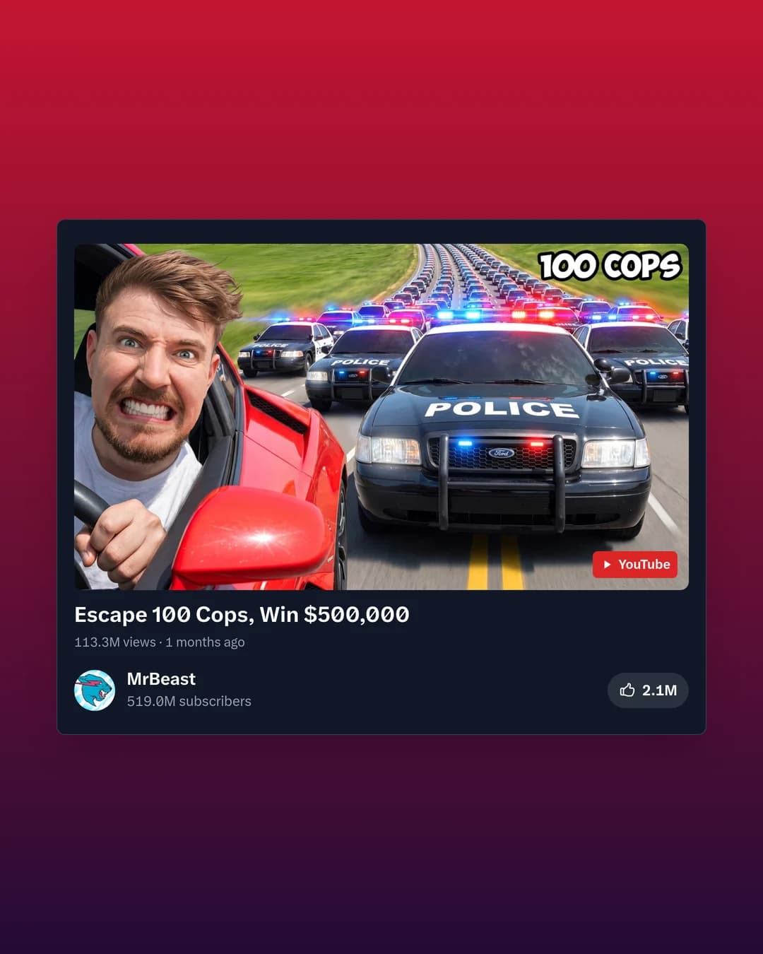 MrBeast video Escape 100 Cops, Win $500,000 with its thumbnail and channel, in the Ember template