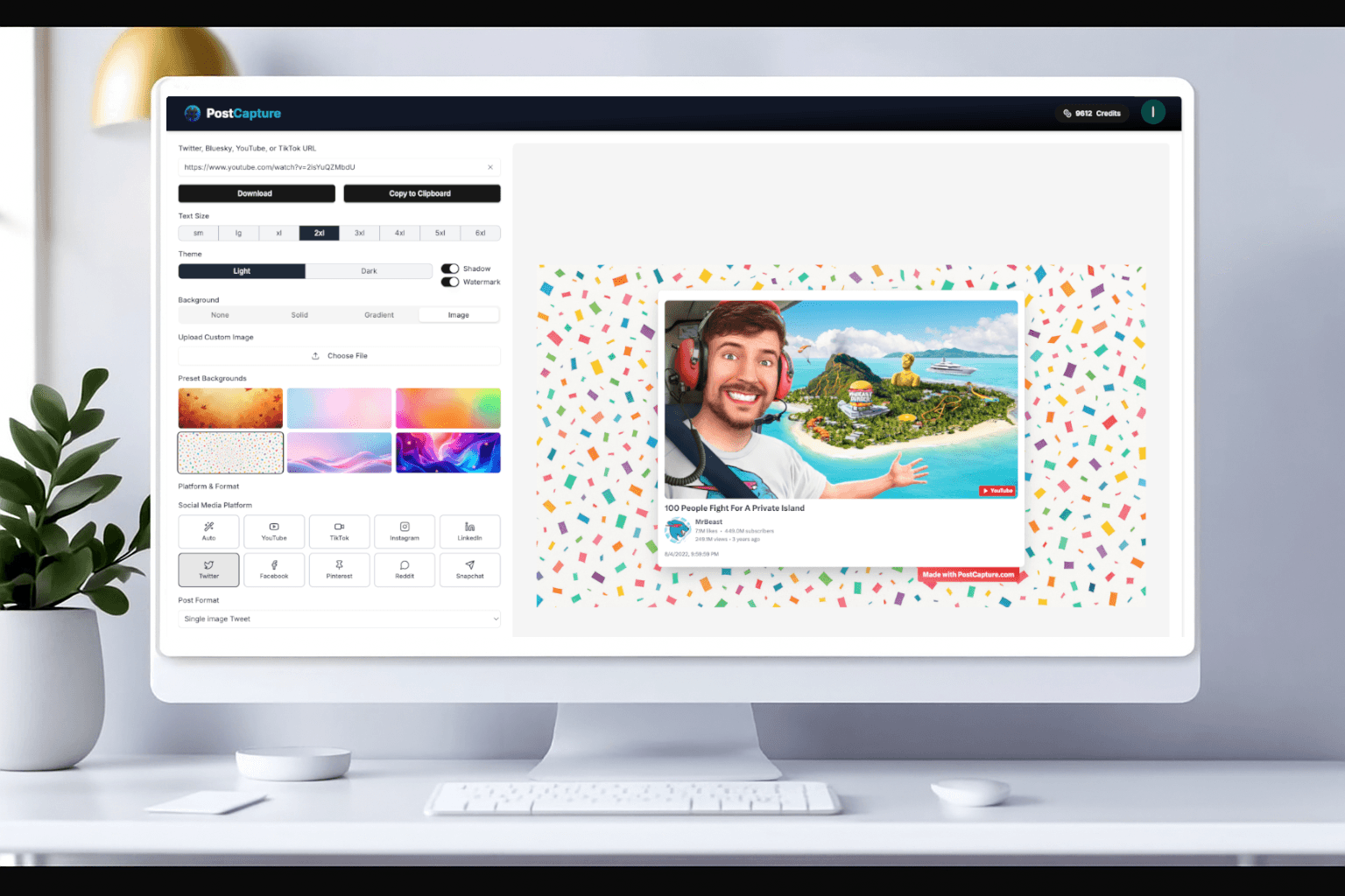 PostCapture platform presets showing optimized formats for X, Instagram, LinkedIn, Stories, and Pinterest with custom backgrounds